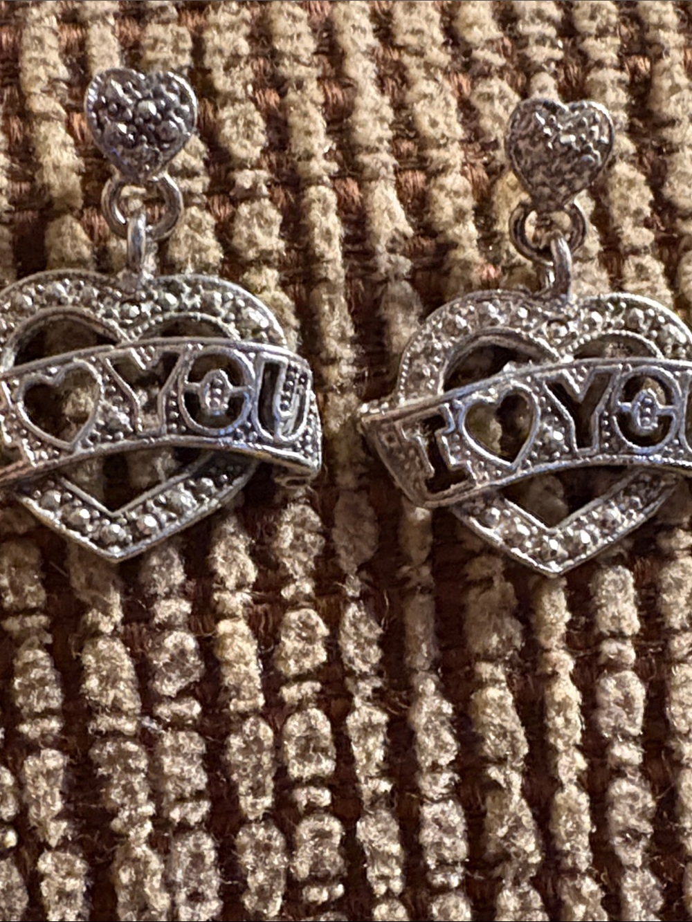 Vintage Silver Tone Heart 'I Love You' Drop Earrings